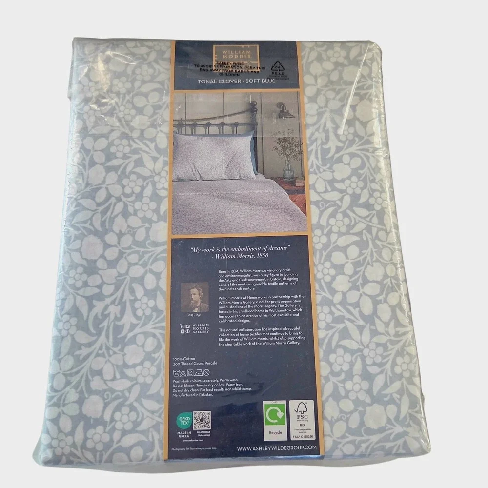 William Morris Cotton Percale Floral King Sheet Set of 4 Tonal Clover Soft Blue